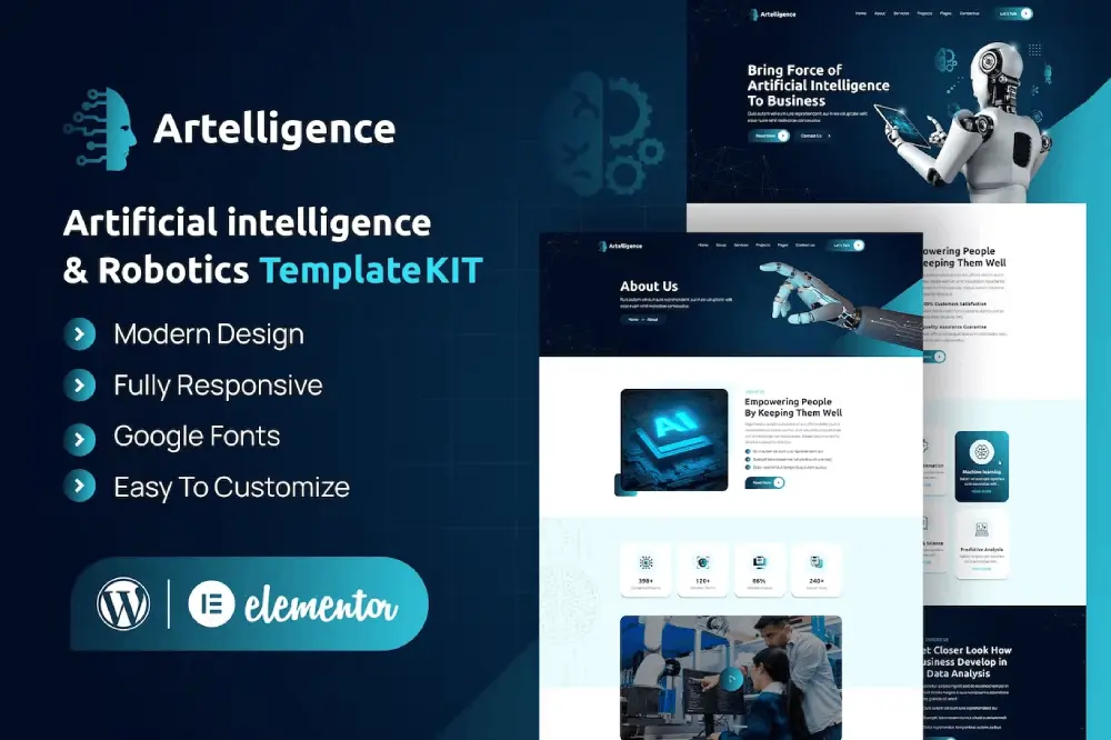 Artelligence-Cover Artelligence: Elementor Template Kit for AI & Robotics Websites - Image 1