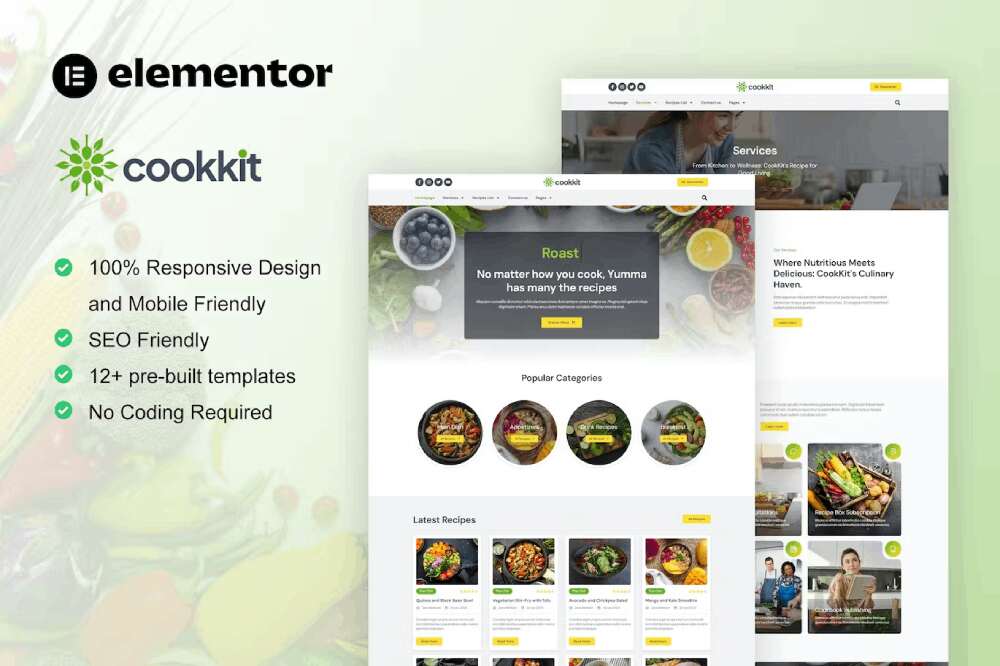 CookitCover Cookkit - Food Recipe & Nutrition Service Elementor Pro Template Kit - Image 1