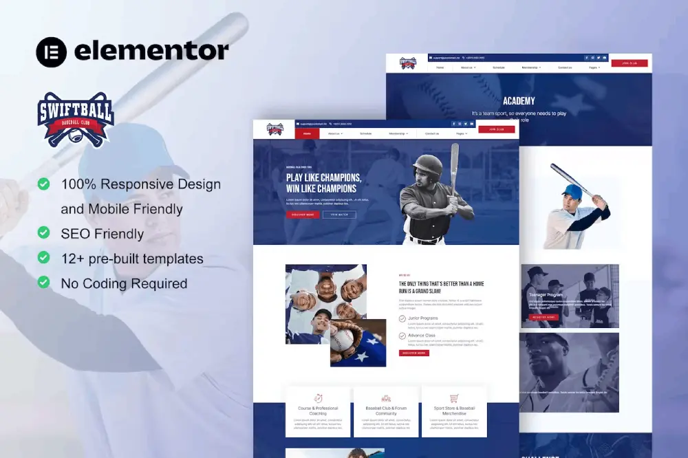 SwiftballCover SwiftBall – Elementor Kit for Baseball Teams & Sport Clubs - Image 1