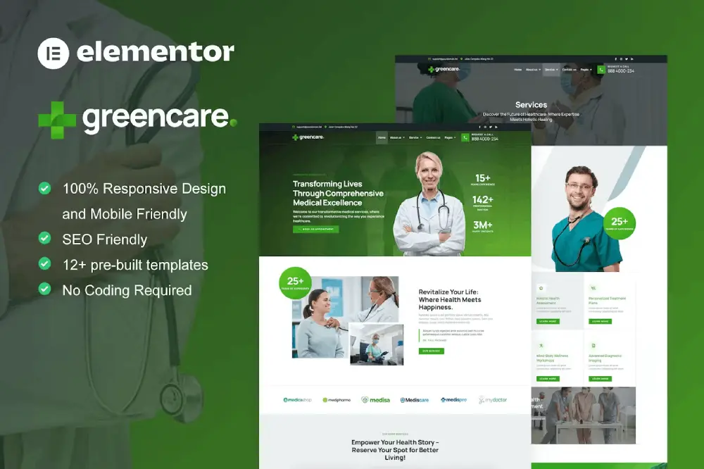 elementor-kits-6 GreenCare – Elementor Template Kit for Medical Services Websites - Image 1