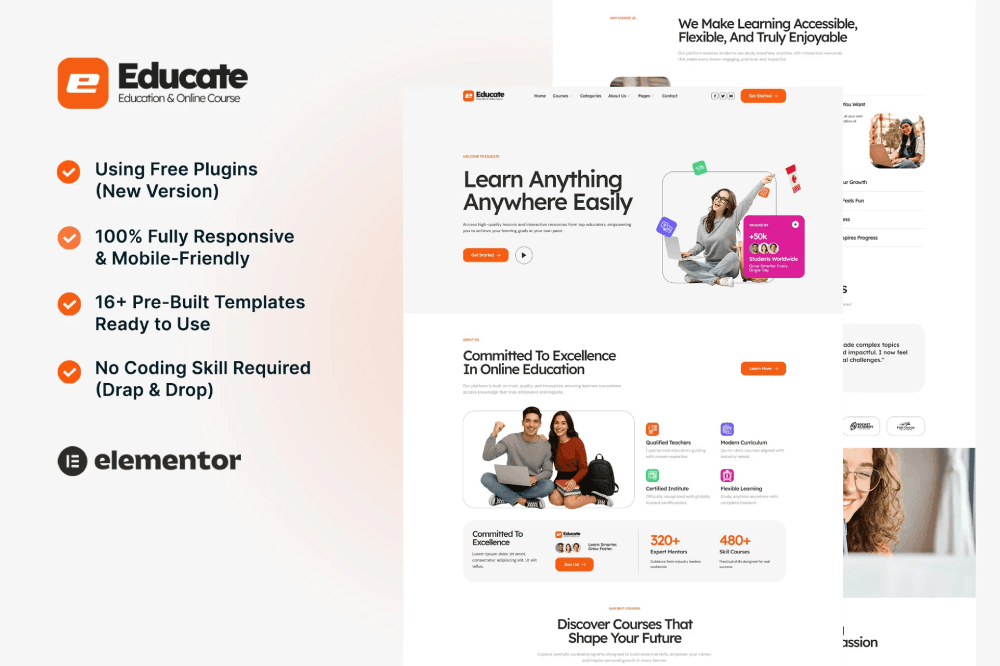 EducateCover.png Educate – eLearning & Course Elementor Template Kit