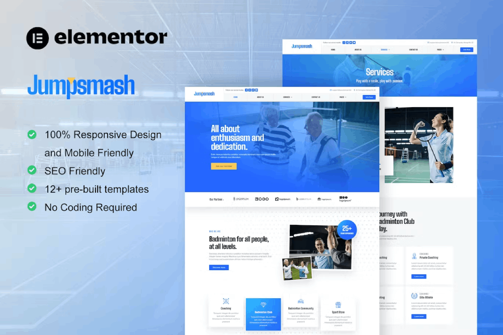 Jumpsmash.png JumpSmash – Badminton Club and Sport Community Elementor Template Kit