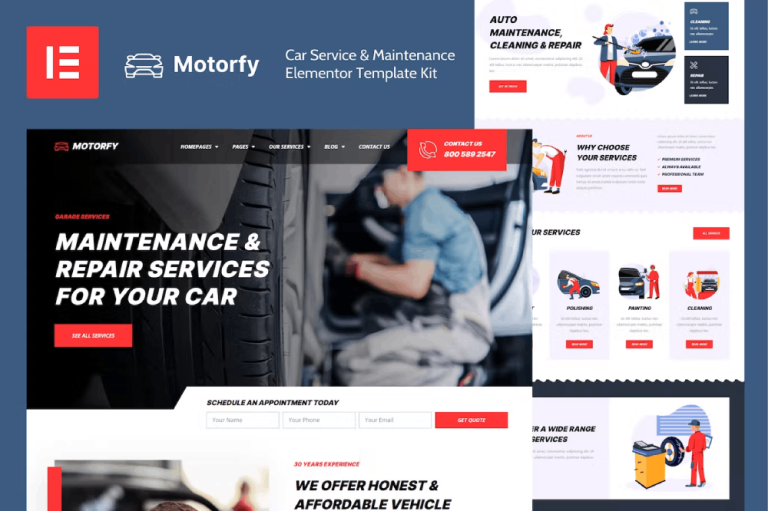 Motorfy – Car Service and Maintenance Elementor Pro Template Kit